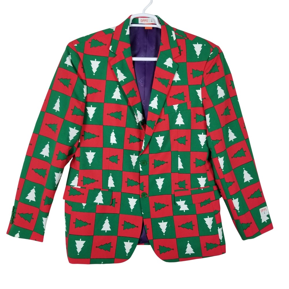 OppoSuits Blazer Men US 44 Red Green Christmas Tree Checkered Holiday Jacket